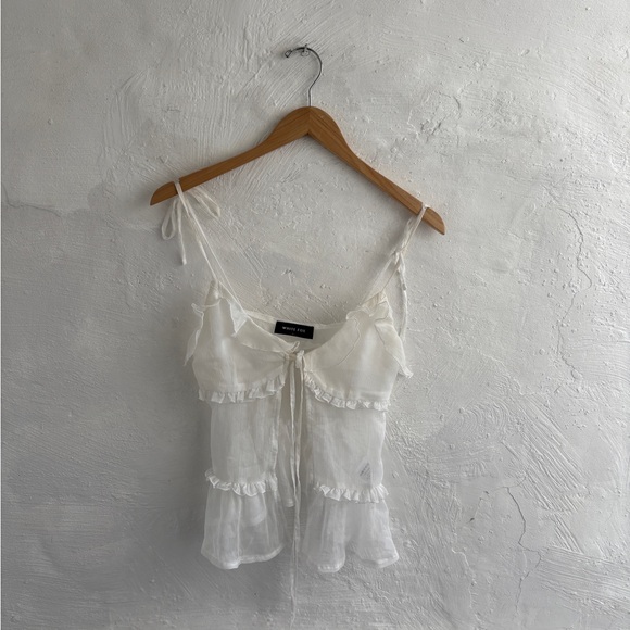 White Fox Boutique Tops - White Fox Boutique sheer white ruffle tie tank top